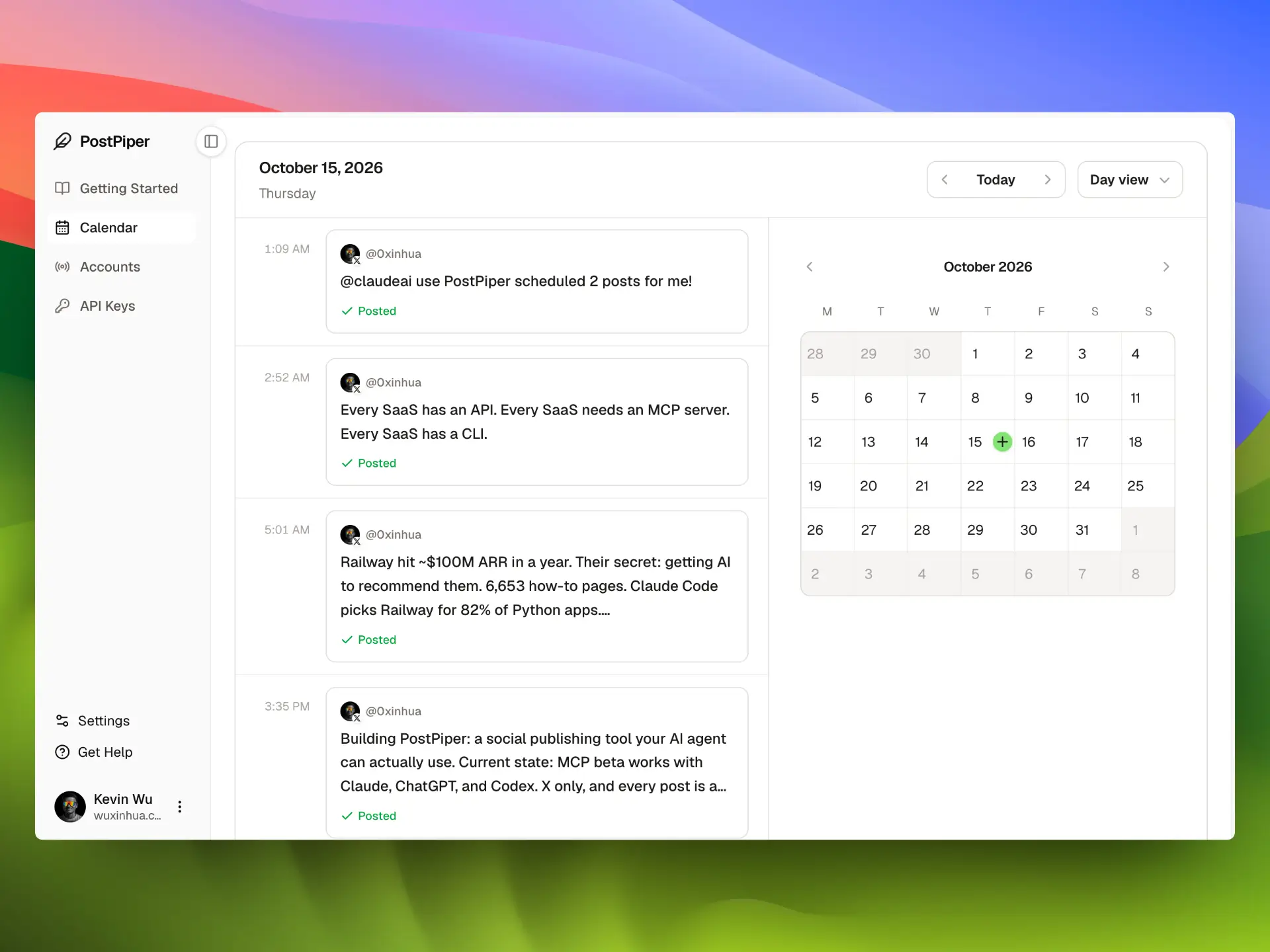 PostPiper social media content calendar showing scheduled posts from all connected accounts in one view