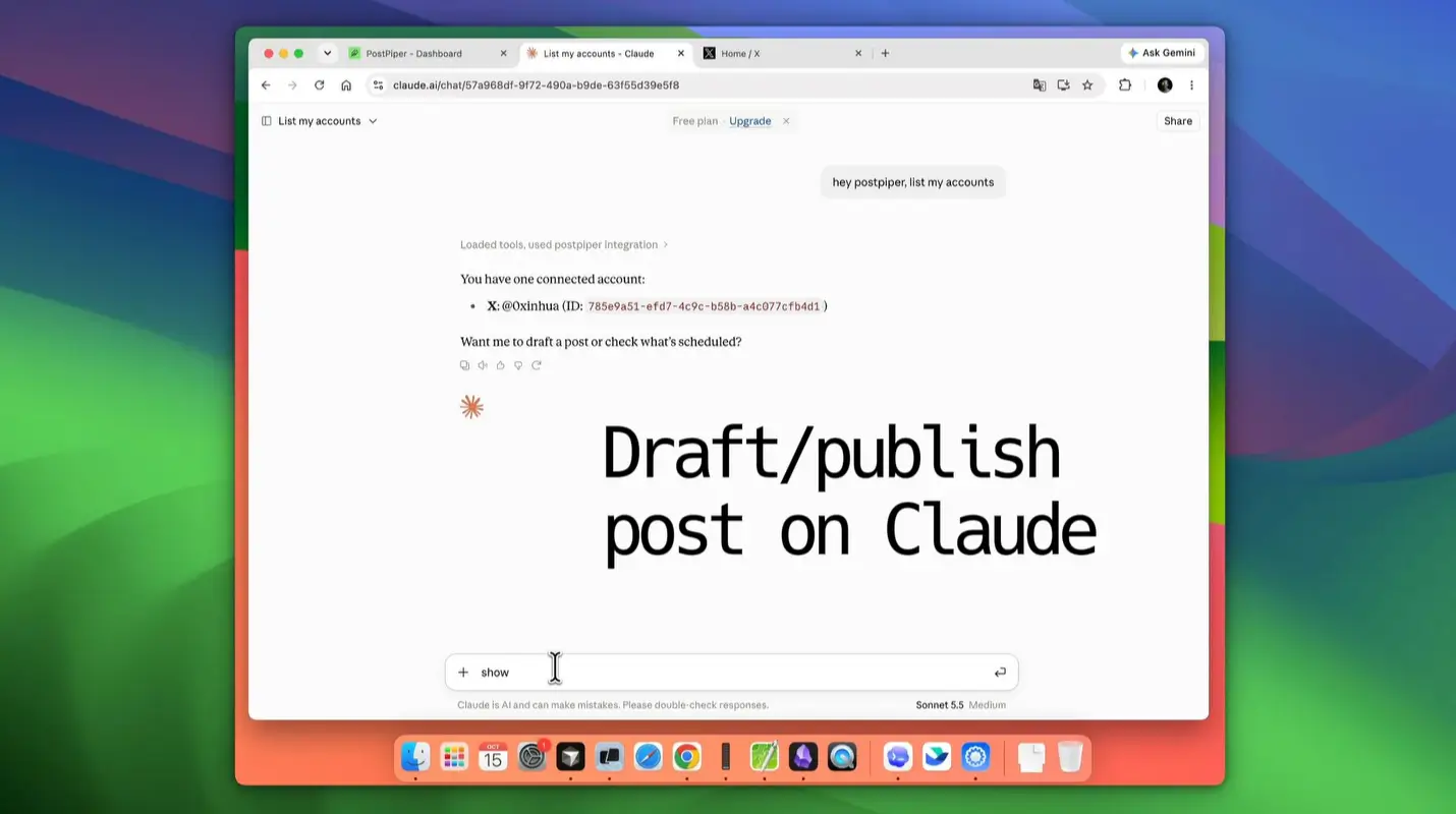 PostPiper scheduling a social media post with Claude